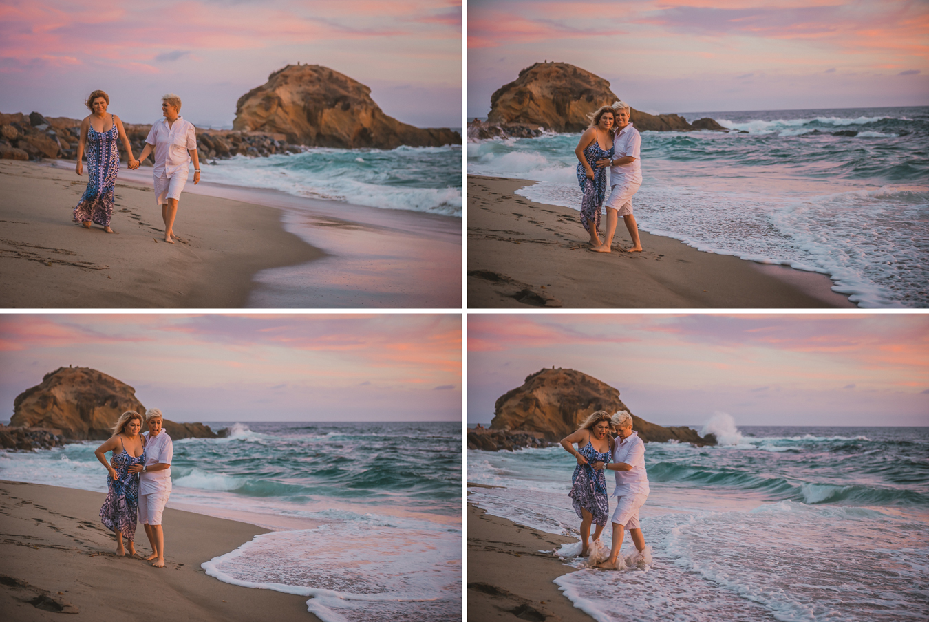 lesbian couple walking on the beach, playing with waves